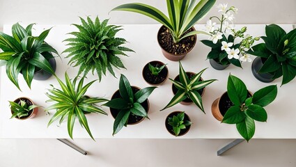 Assortment of Healthy Indoor Houseplants Including Dracaena and Fern Varieties, Viewed from Above in a Bright Modern Setting