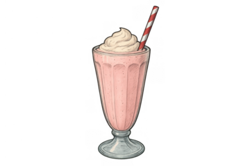 Pink strawberry milkshake with whipped cream and striped straw, a refreshing retro dessert drink, transparent background