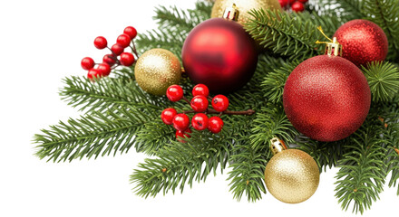 Classic Christmas Decorations with Red and Gold Baubles on Fresh Evergreen Branches