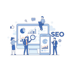 Team Analyzing Data and SEO on Computer and Mobile Devices Illustration