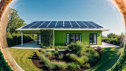 Modern Eco-Friendly Green House with Rooftop Solar Panels and Lush Landscaping 