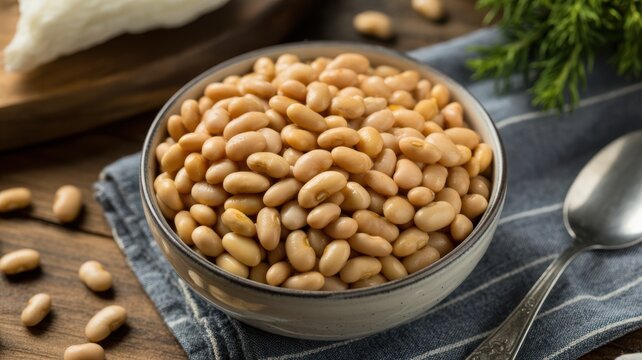 Bowl of cooked white cannellini beans on a blue cloth, healthy protein ingredient