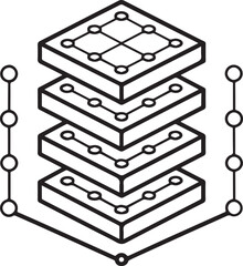 Isometric view of stacked squares with circle nodes and connecting lines in a black and white design