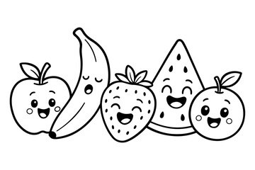 Cute Cartoon Fruits with Happy Faces, Black and White Outline for Coloring
