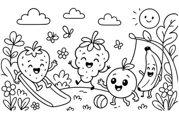 Cute Fruit Characters Playing Outdoors with Sun and Butterflies Coloring Page