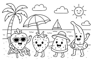 Cute Fruit Characters Enjoying Summer Beach Vacation with Palm Tree and Ocean