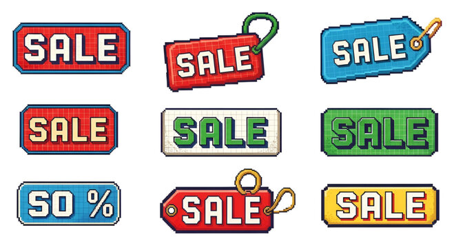 Pixel art sale tags and banners vector graphic design for promotion use