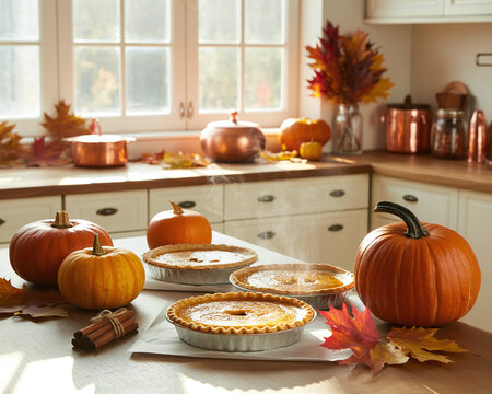 Pumpkins and pies on a kitchen counter autumn leaves and copper pots perfect for Thanksgiving or fall themed designs