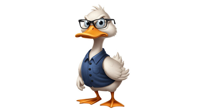 Illustrated smart duck character in a vest and eyeglasses.