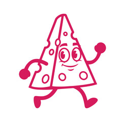 Cheerful cartoon cheese wedge with arms and legs running joyfully on white background