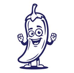 Cheerful cartoon chili pepper character with a smiling face and arms raised in excitement.