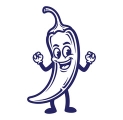 Cheerful cartoon chili pepper character with arms and legs smiling with happiness and joy