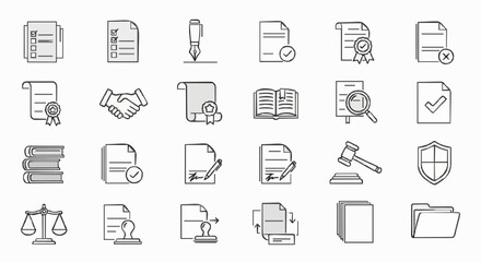 Professional legal, business & document outline icon set with editable stroke. Minimalist thin-line vector illustrations covering contracts, signatures, gavel, scales, folders, books, and compliance s