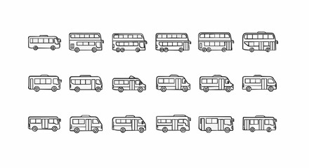 Minimalist bus and public transport outline icon set with editable stroke. Thin-line vector illustrations featuring city buses, school buses, coaches, and shuttles in multiple angles. Perfect for tran