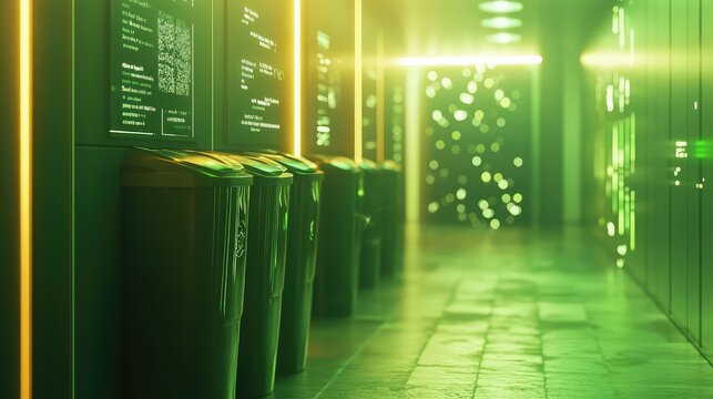 Futuristic recycling bins managing digital waste in neon data room