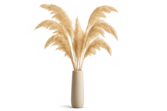 Pampas grass plumes in beige ceramic vase creating a boho minimalist home decor on transparent background