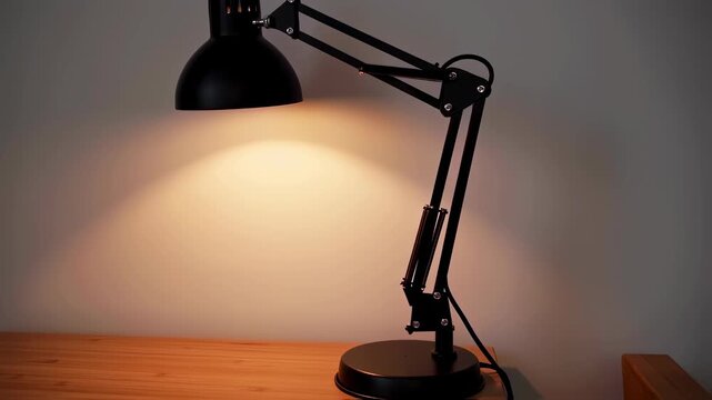 Elegant black desk lamp illuminating a wooden surface with soft light
