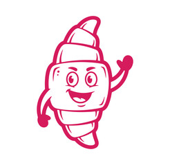 Cheerful cartoon croissant character waving hello and smiling on a bright white background