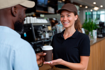 Barista serving coffee to customer at cafe on International Coffee Day