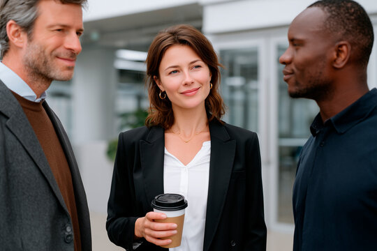 Diverse business team having coffee break discussion outdoors