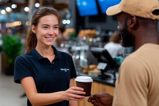 Barista serving coffee to happy customer in cafe