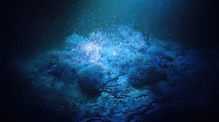 Abstract blue forest with glowing particles representing technology and nature