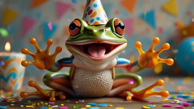 Happy Frog Wearing a Party Hat Celebrates with Confetti