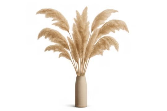 Elegant pampas grass bouquet in a beige vase, decorating an interior with boho and minimalist style, transparent background