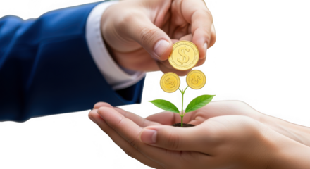 Plant growth with coins isolated on transparent background for financial investment and business development