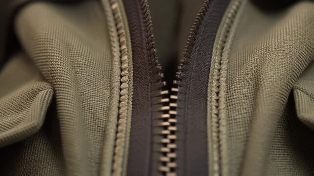 Close-up detail of a sturdy metal zipper on a durable fabric garment, showcasing its intricate mechanism and robust texture, highlighting the functionality of everyday wear