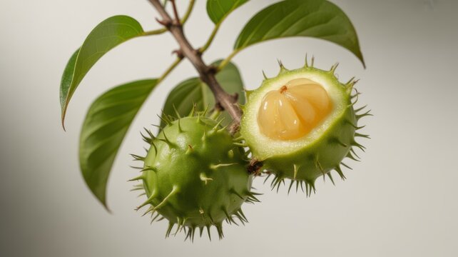 Developing horse chestnuts on branch, one open revealing unripe nuts, close up