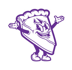 Cheerful cartoon slice of pie character with arms and legs invites you to enjoy dessert