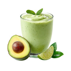Green avocado smoothie in glass with fresh avocado half and lime slice drink beverage, Cut Out, Isolated On White Background, Png Transparent