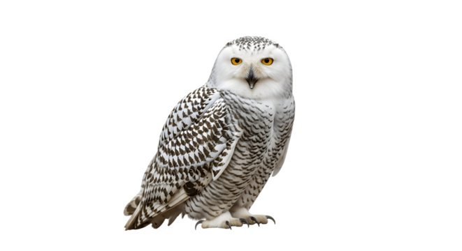 Majestic snowy owl with striking yellow eyes standing isolated on a white background.