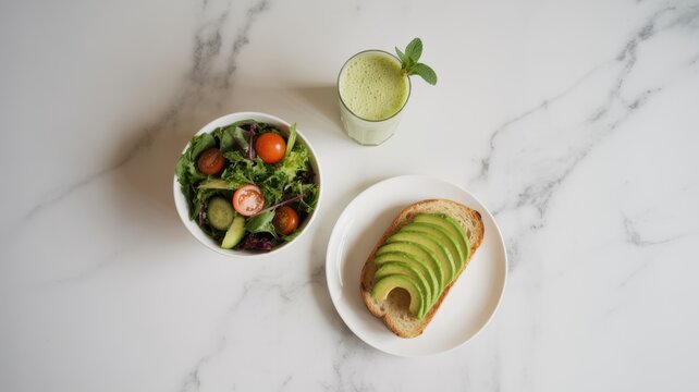 Healthy breakfast spread with fresh salad, avocado toast, and green smoothie - Powered by Adobe