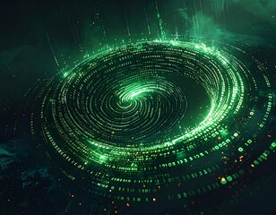 A vibrant, swirling vortex of digital code in glowing green, emanating from a shadowy, textured surface. The imagery suggests connectivity and complex processes