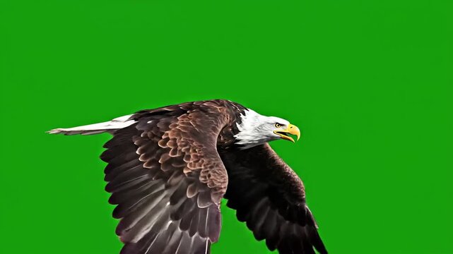 Majestic bald eagle captured mid-flight against a vibrant green screen backdrop, showcasing its impressive wingspan and keen eyesight