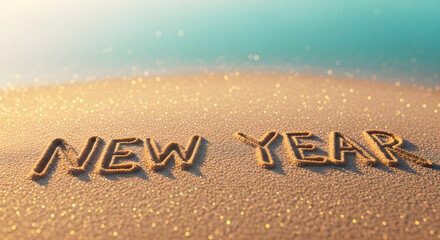 New Year text written in sand on beach with sunlight and water