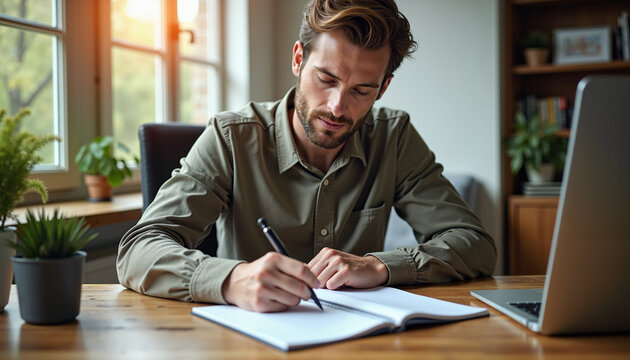 Focused young man writing notes in a notebook at a modern workspace