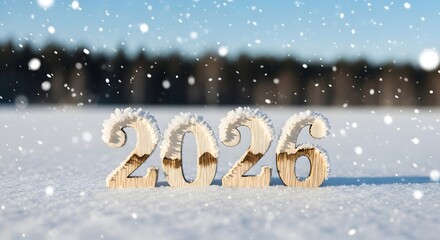 Wooden 2026 Numbers Covered in Frost and Snow on a Winter Landscape new year