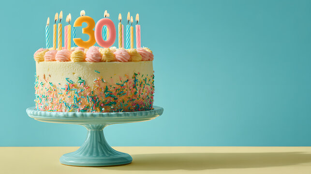 A festive birthday cake with lit candles spelling out the number 30, decorated with colorful sprinkles and frosting, set against a vibrant teal background