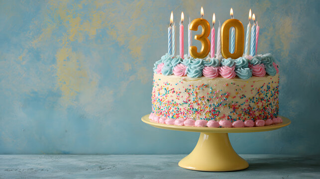 A delightful birthday cake with glowing candles spelling out 30, embellished with sprinkles and pastel frosting, presented on a yellow cake stand against a soft blue backdrop