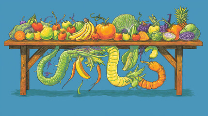 digestion. Surreal banquet table with foods transforming into jagged, gut-irritating shapes. menu design, packaging mockups, designed for culinary blogs and recipe cards for restaurants.