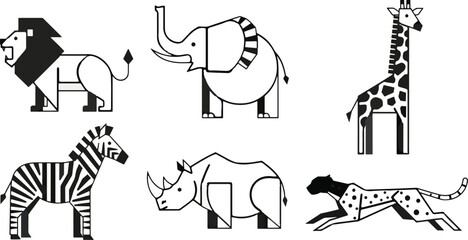 Black and white stylized african animals collection for design