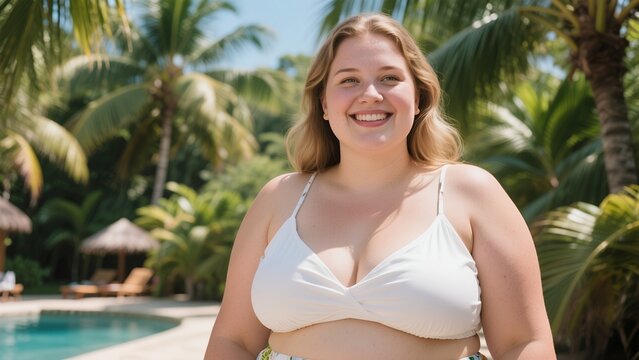 Caucasian Woman Smiling at Poolside Summer Resort