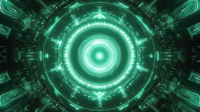 Digital green energy core generating futuristic data flow