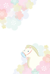 2026年令和八年午年年賀はがきテンプレート 和風な置物のきなり色の馬の梅の花背景フレーム縦置き