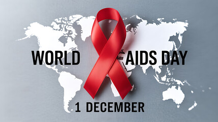 World AIDS Day Red Ribbon on Grey World Map Background world aids day aids awareness