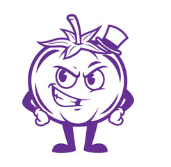 Fun cartoon tomato character wearing a top hat with an angry and cheeky expression