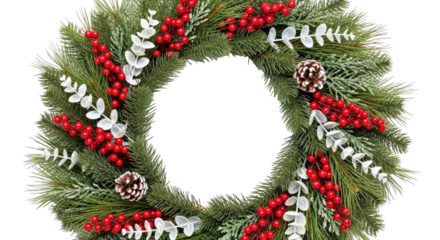 Artificial Christmas Wreath Green Pine Branches Red Holly Berries White Eucalyptus Frosted Pinecones Snow Decor